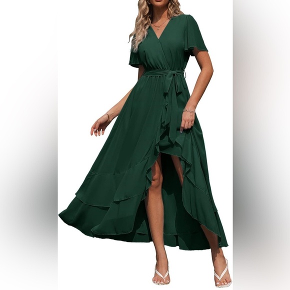 New! Simplee Solid Chiffon Wrap Formal Maxi Ruffle Split Dress SMALL - Picture 1 of 15